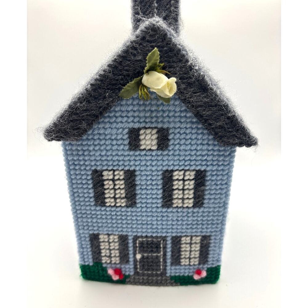 Vintage Yarn on Plastic Canvas Tissue Box Cover Cottage House Blue & Grey Design